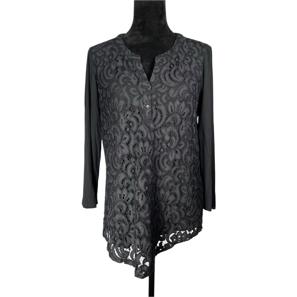 Market & Spruce Black Top Eyelet Lace T-Shirt Boho Whimsygoth Relaxed Draped